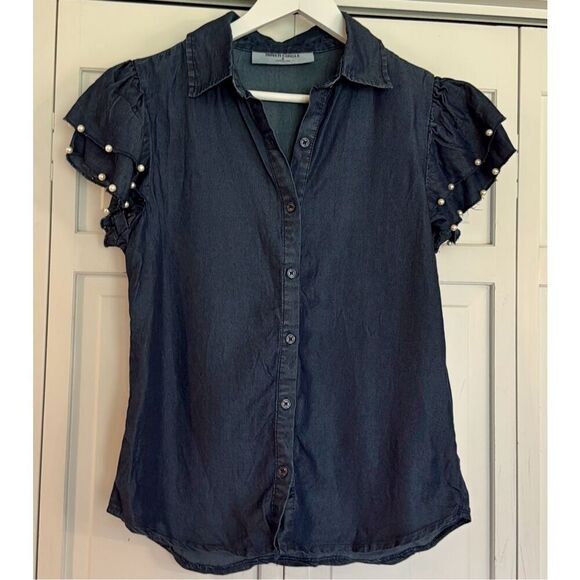 Inner Circle chambray denim ruffle pearl sleeve blouse s - Picture 8 of 9